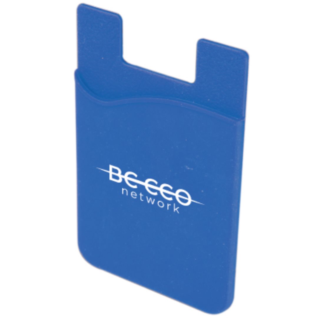 Blue silicone phone wallet with white "BCECO network" logo printed on the front.