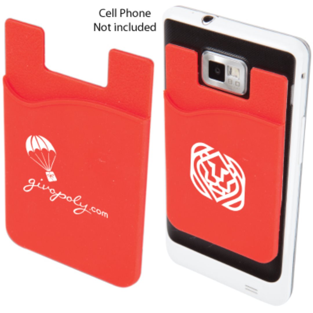 Two red silicone phone wallets with white logos — one with a parachute graphic and the text "givopoly.com," the other attached to a phone displaying a stylized lion head logo.