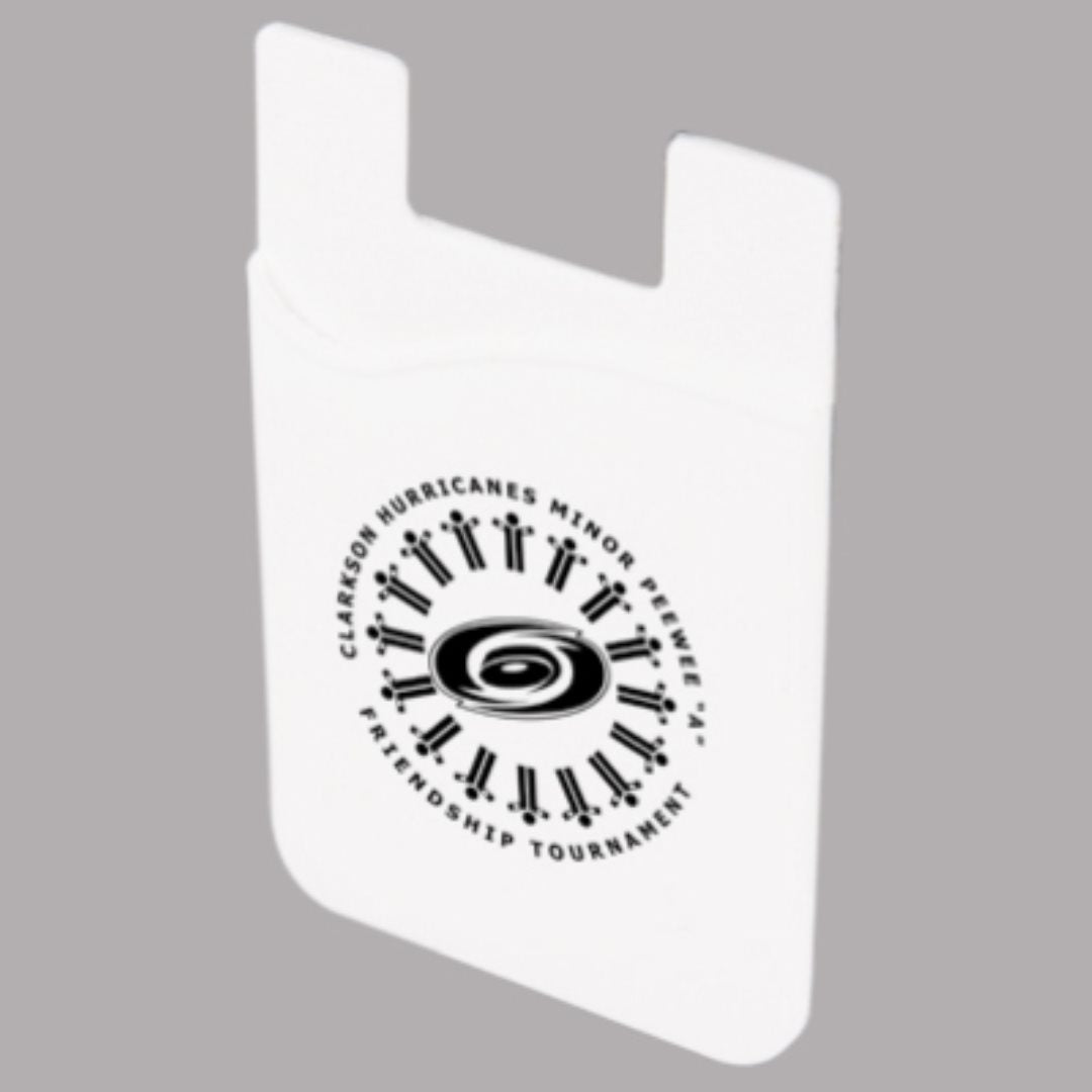 White silicone phone wallet featuring a circular logo with stick figures and text that reads “Clarkson Hurricanes Minor Peewee 'A' Friendship Tournament.”
