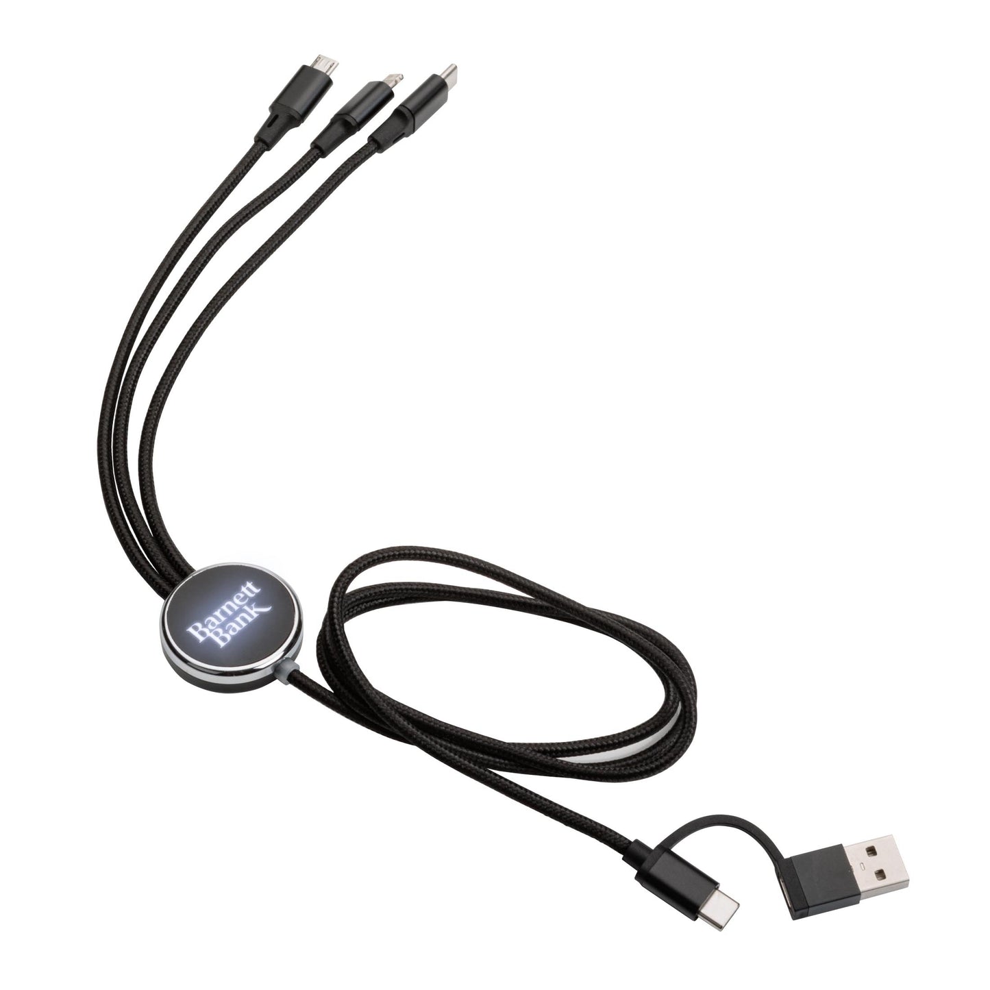 Black Fuller Light-Up Multi-Charge Cable with USB input and three output connectors (Type-C, Micro USB, and Lightning), featuring a round black-and-silver hub with a custom 'Barnett Bank' logo in white; logo remains visible even when not illuminated