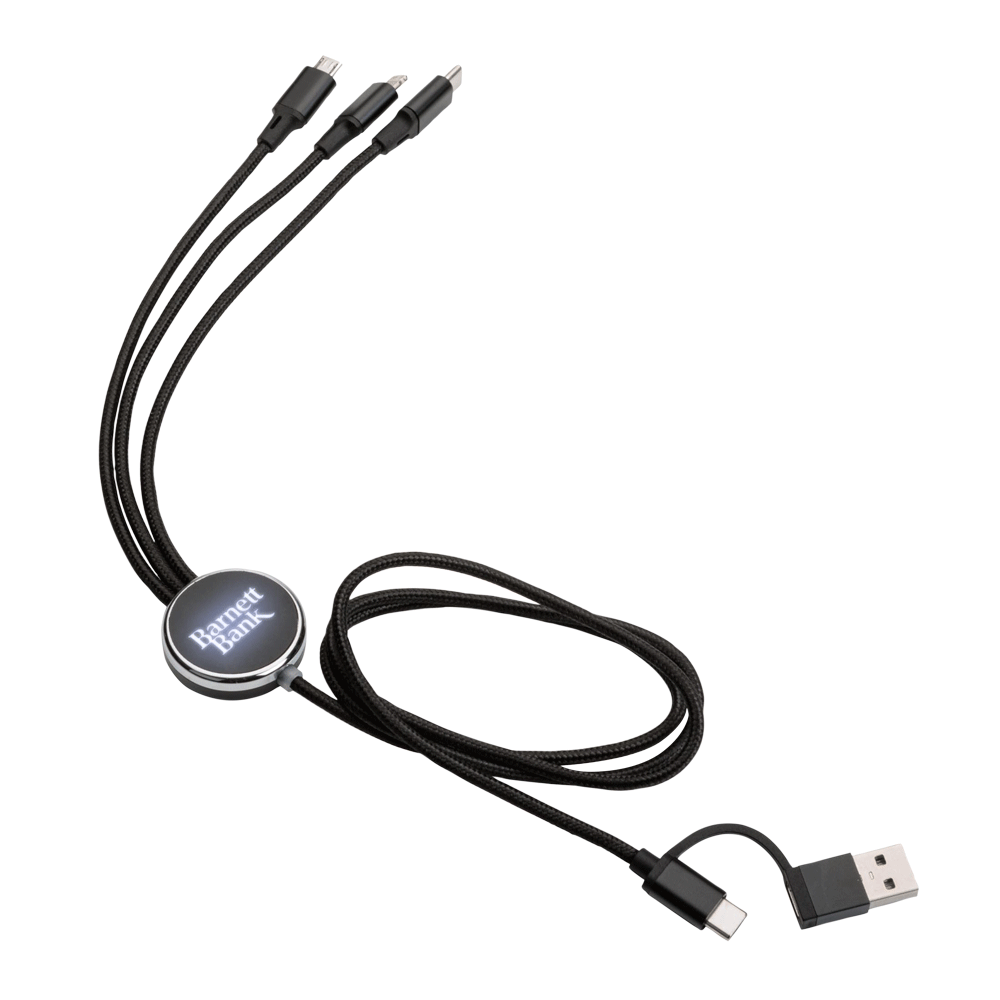 Fuller Light-Up Multi-Charge Cable featuring a USB input and three output connectors (Type-C, Micro USB, and Lightning), with a round central hub that lights up to display a customized logo