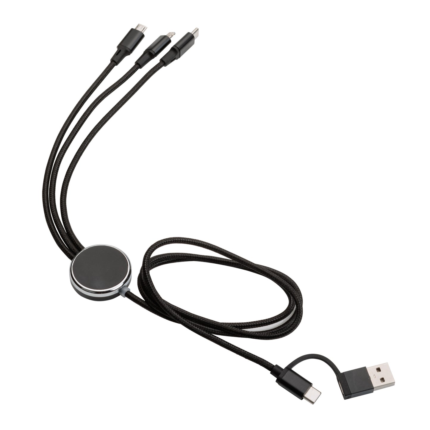 Black Fuller Light-Up Multi-Charge Cable with USB input and three output connectors (Type-C, Micro USB, and Lightning), featuring a blank black-and-silver central hub, ready for custom logo imprinting