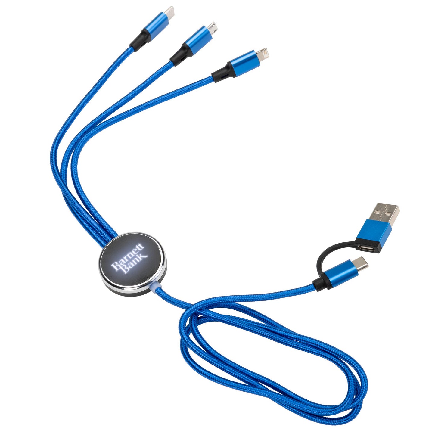 Blue Fuller Light-Up Multi-Charge Cable with USB input and three output connectors (Type-C, Micro USB, and Lightning), featuring a round black-and-silver hub with a custom 'Barnett Bank' logo in white; logo remains visible even when not illuminated