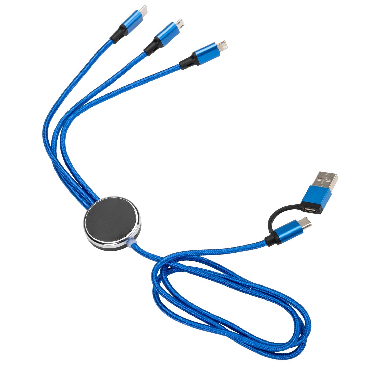 Blue Fuller Light-Up Multi-Charge Cable with USB input and three output connectors (Type-C, Micro USB, and Lightning), featuring a blank black-and-silver central hub, ready for custom logo imprinting