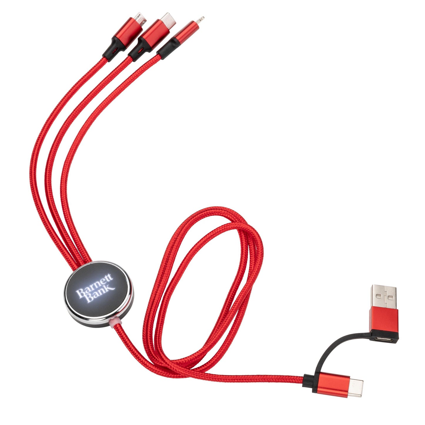 Red Fuller Light-Up Multi-Charge Cable with USB input and three output connectors (Type-C, Micro USB, and Lightning), featuring a round black-and-silver hub with a custom 'Barnett Bank' logo in white; logo remains visible even when not illuminated