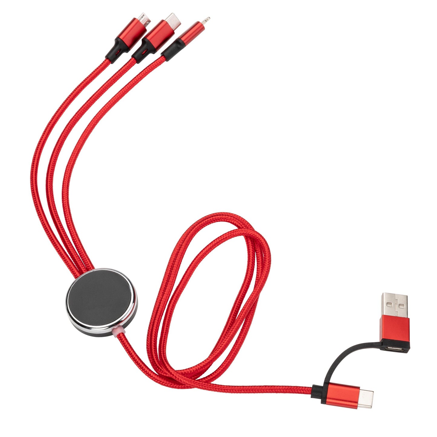 Red Fuller Light-Up Multi-Charge Cable with USB input and three output connectors (Type-C, Micro USB, and Lightning), featuring a blank black-and-silver central hub, ready for custom logo imprinting