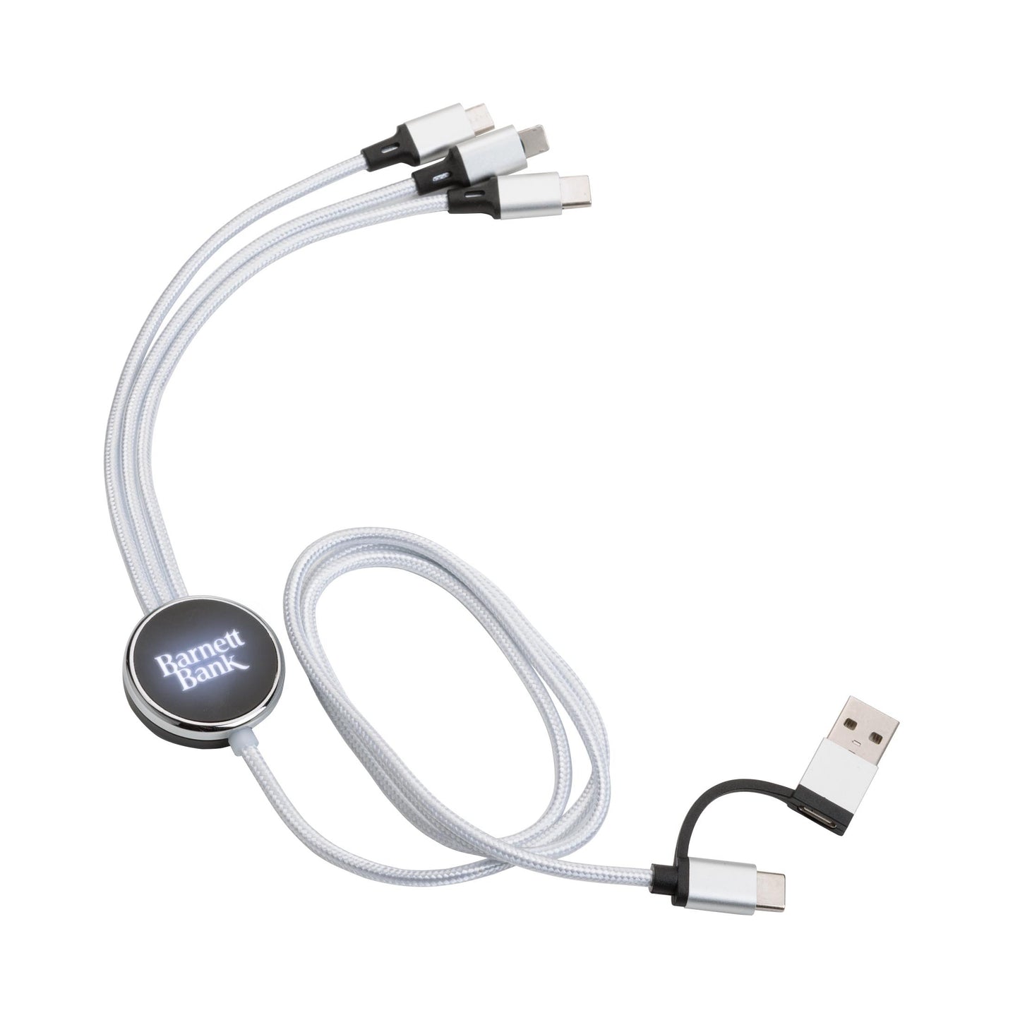White Fuller Light-Up Multi-Charge Cable with USB input and three output connectors (Type-C, Micro USB, and Lightning), featuring a round black-and-silver hub with a custom 'Barnett Bank' logo in white; logo remains visible even when not illuminated