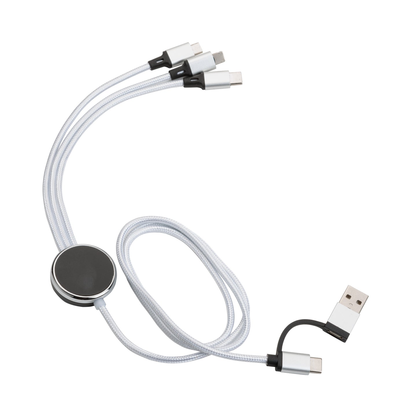 White Fuller Light-Up Multi-Charge Cable with USB input and three output connectors (Type-C, Micro USB, and Lightning), featuring a blank black-and-silver central hub, ready for custom logo imprinting