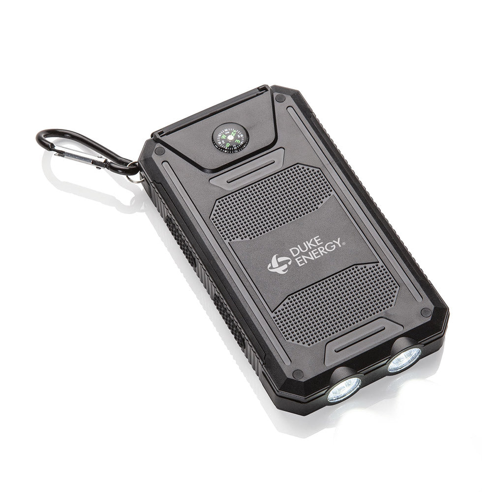 Customized black rugged power bank with dual LED flashlights, built-in compass, and carabiner clip, featuring a branded "Duke Energy" logo