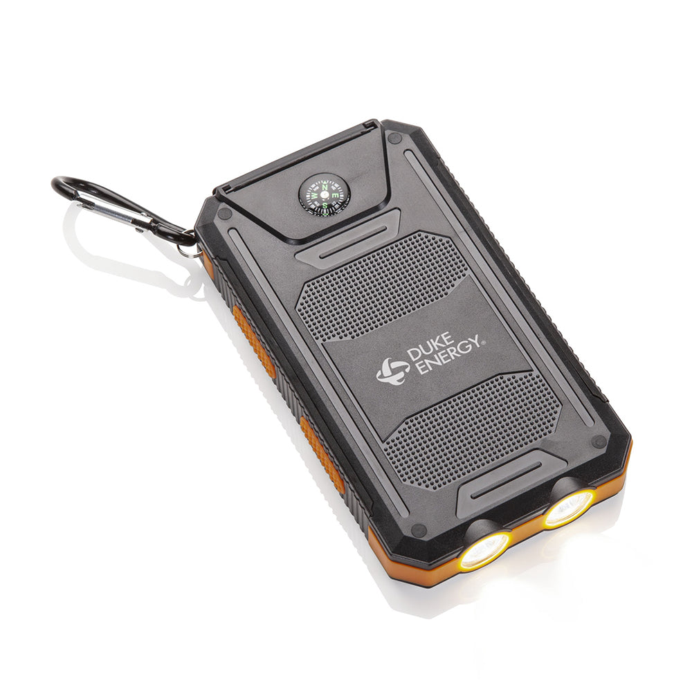 Customized black rugged power bank with dual LED flashlights, built-in compass, and carabiner clip, featuring a branded "Duke Energy" logo