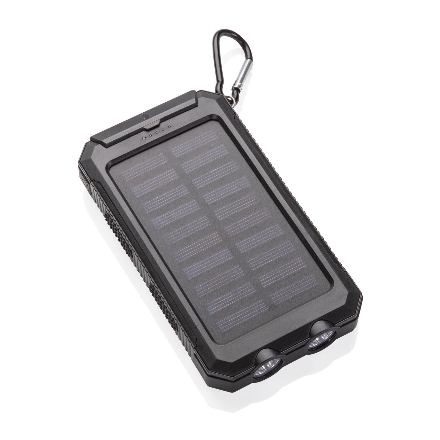 Back view of a rugged black solar power bank featuring a large solar panel, dual LED flashlights at the bottom, and a metal carabiner attached to the corner.