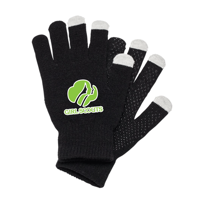 Pair of black touchscreen-compatible knit gloves with grey conductive fingertips and a customized 'GIRL SCOUTS' logo on the back of one glove.