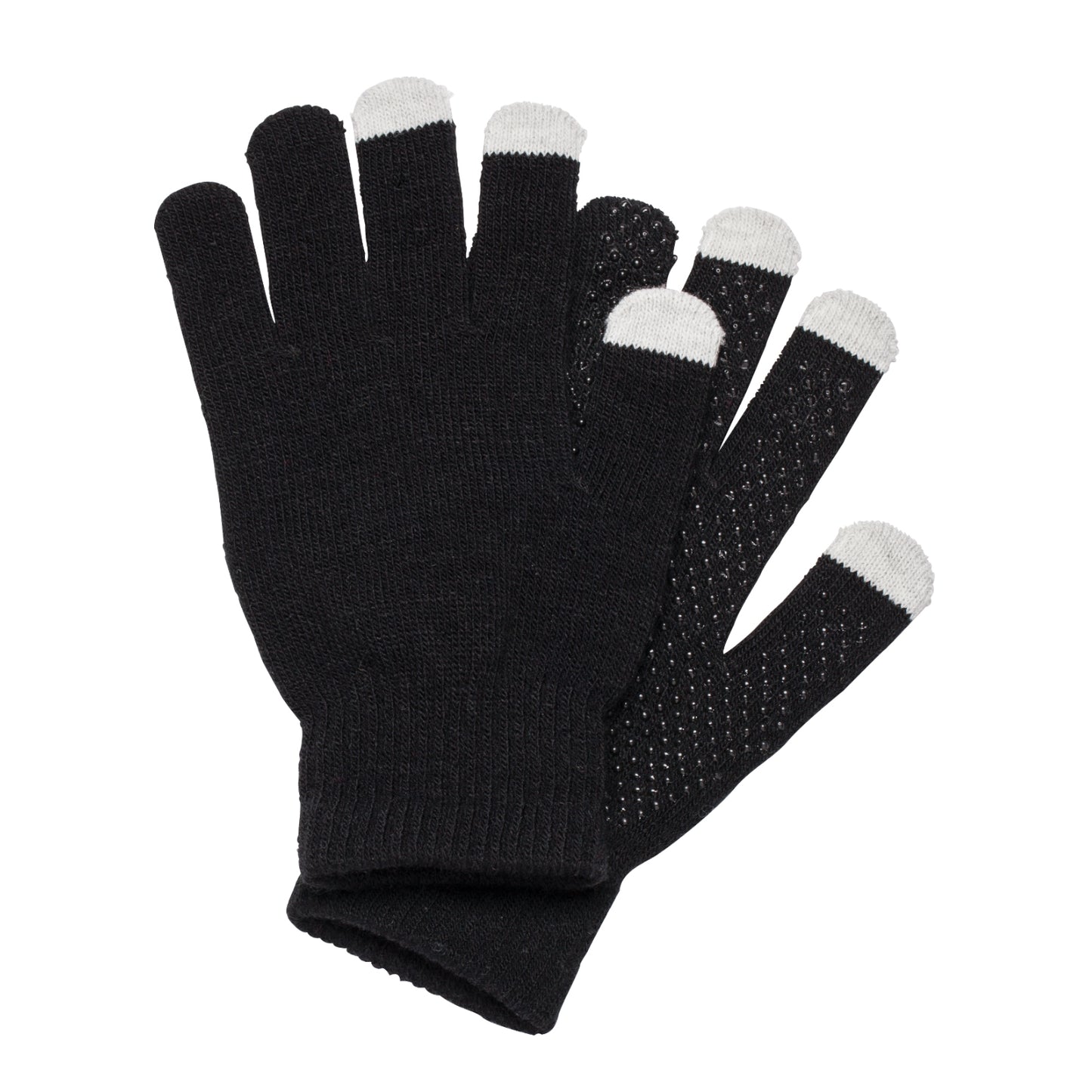 Pair of black knit touchscreen gloves with grey conductive fingertips and dotted grip on the palm side, ready for custom logo imprinting