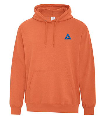 ATC Earth Wash Tourbillon fleece hooded sweatshirt in burnt orange, featuring a front pouch pocket, drawstring hood, and a blue triangle logo on the left chest.