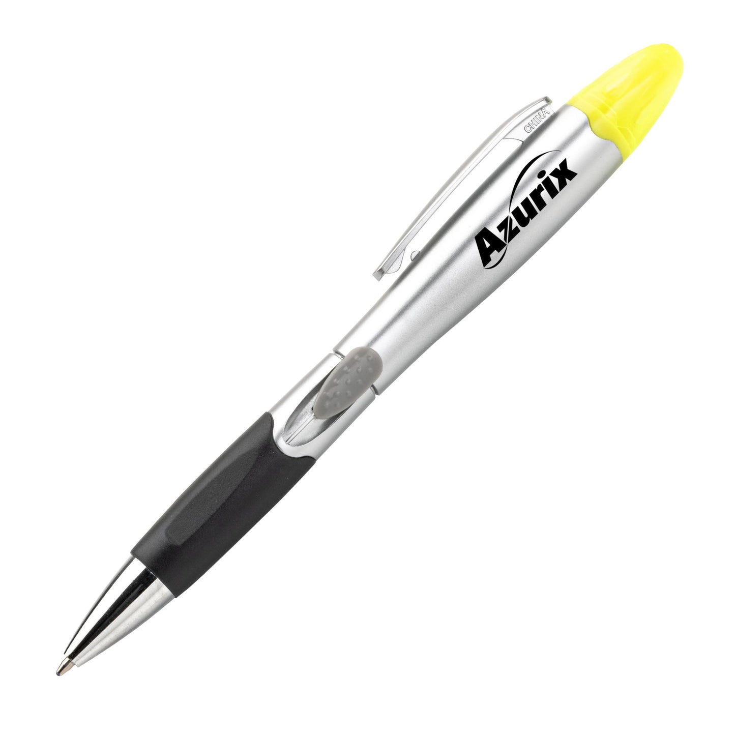 Silver and black ballpoint pen with a yellow highlighter cap, rubber grip, and logo printed on the barrel.
