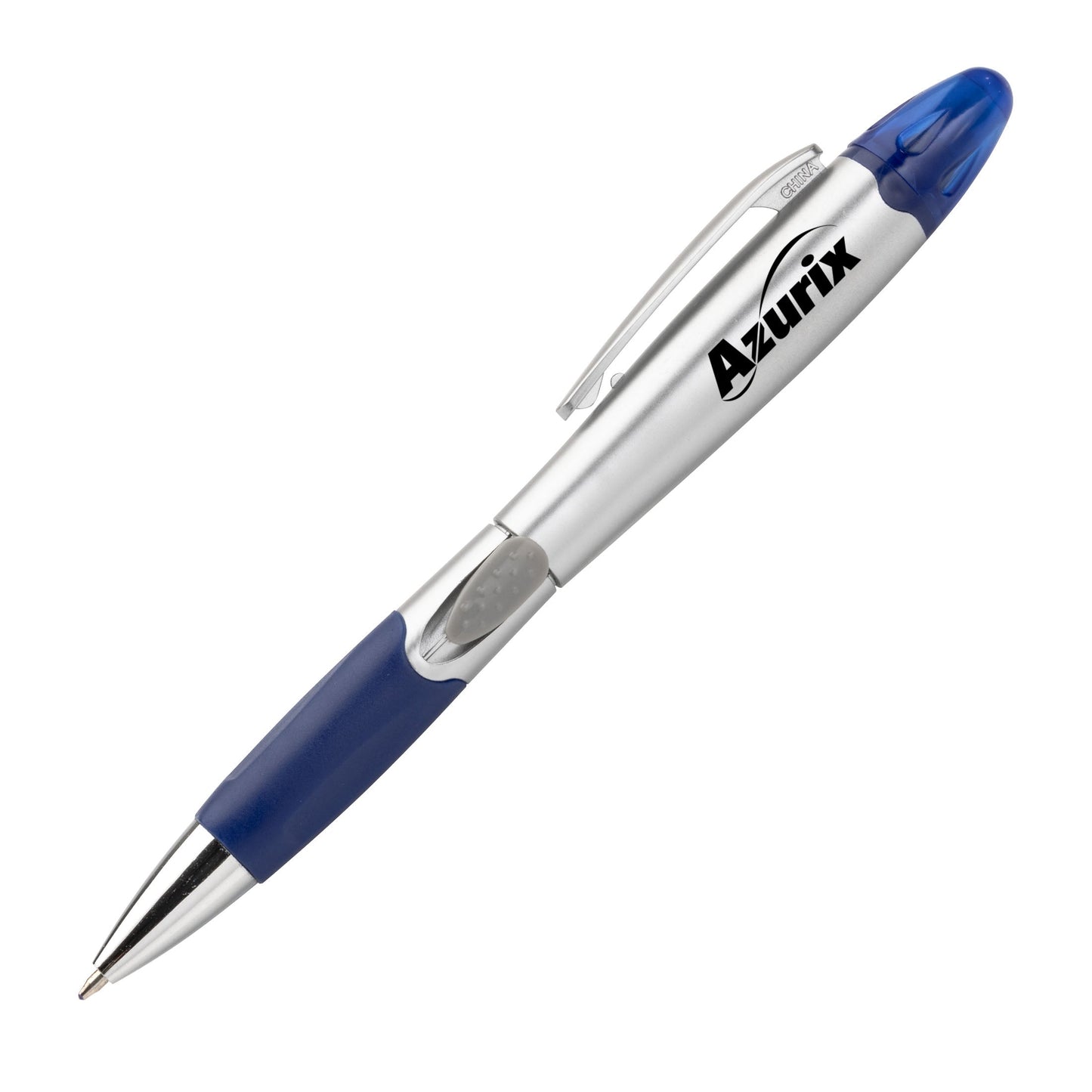 Silver and blue pen with a rubber grip and blue translucent cap, featuring a logo on the barrel.