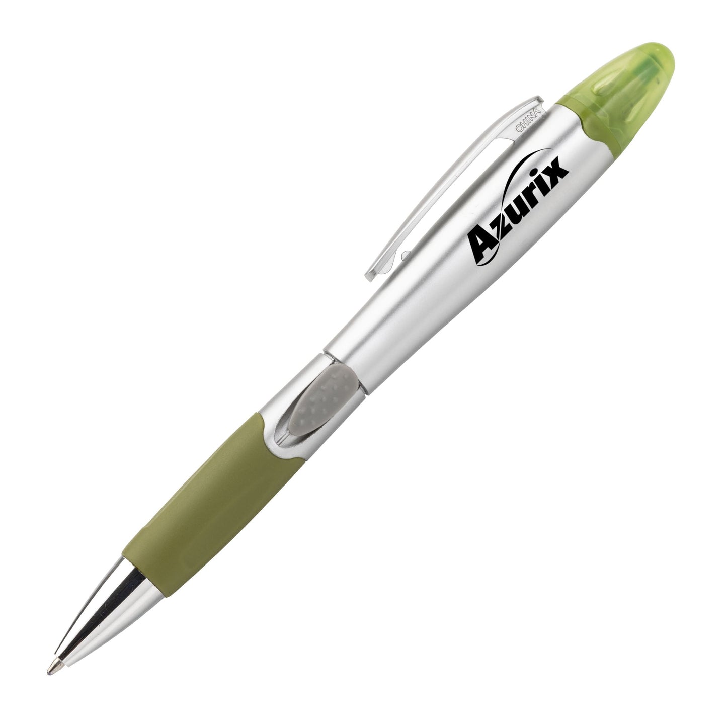 Silver and green pen with a rubber grip and blue translucent cap, featuring a logo on the barrel.