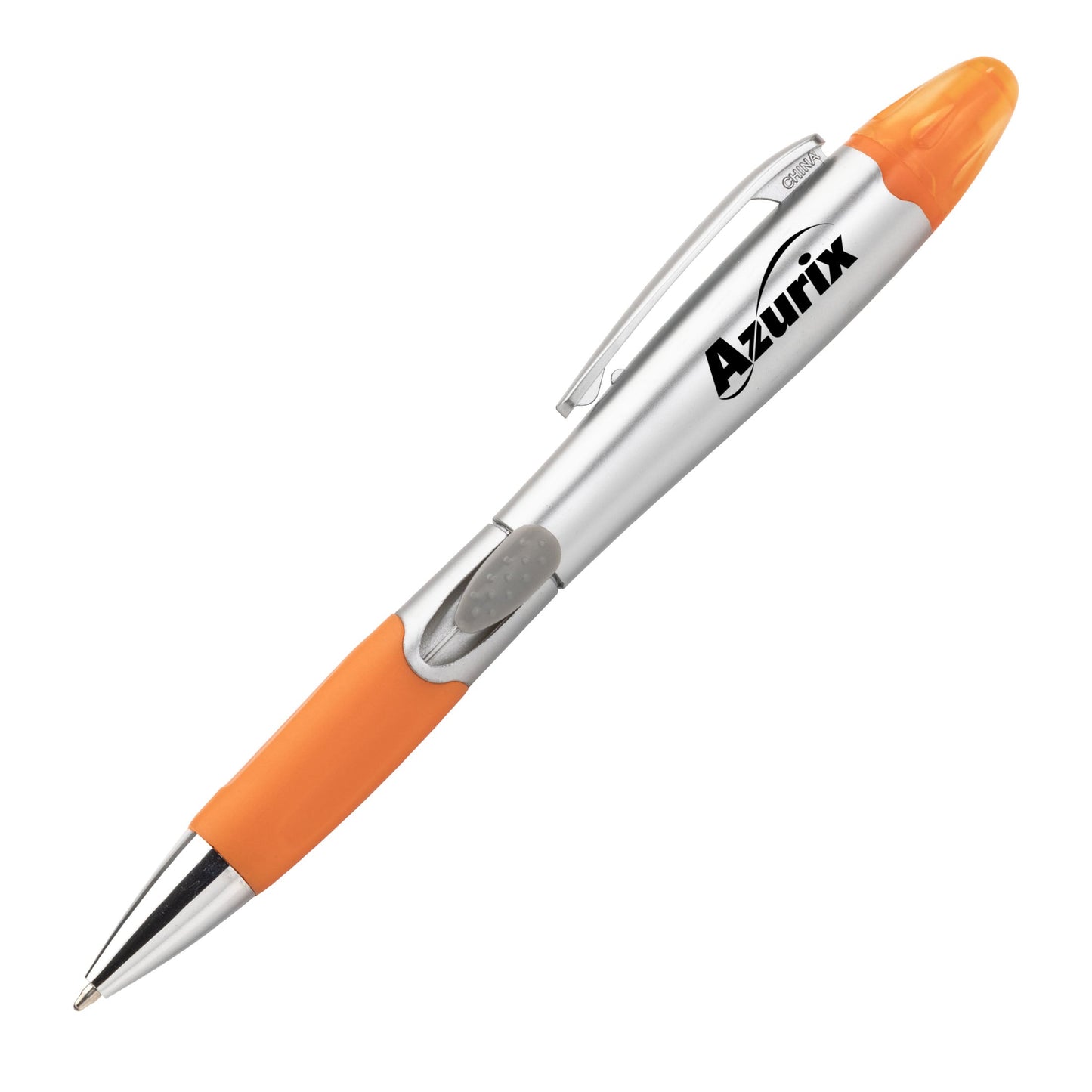 Silver and orange pen with a rubber grip and blue translucent cap, featuring a logo on the barrel.