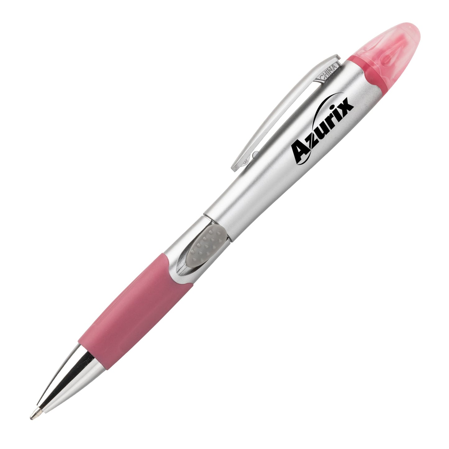 Silver and pink pen with a rubber grip and blue translucent cap, featuring a logo on the barrel.