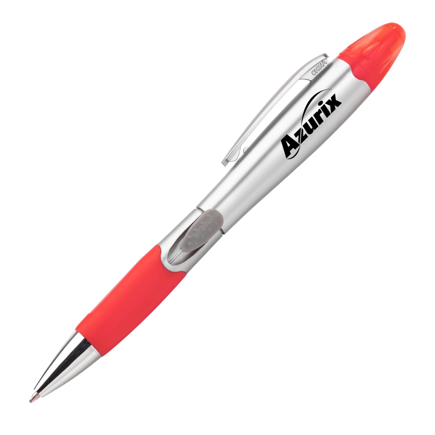 Silver and red pen with a rubber grip and blue translucent cap, featuring a logo on the barrel.