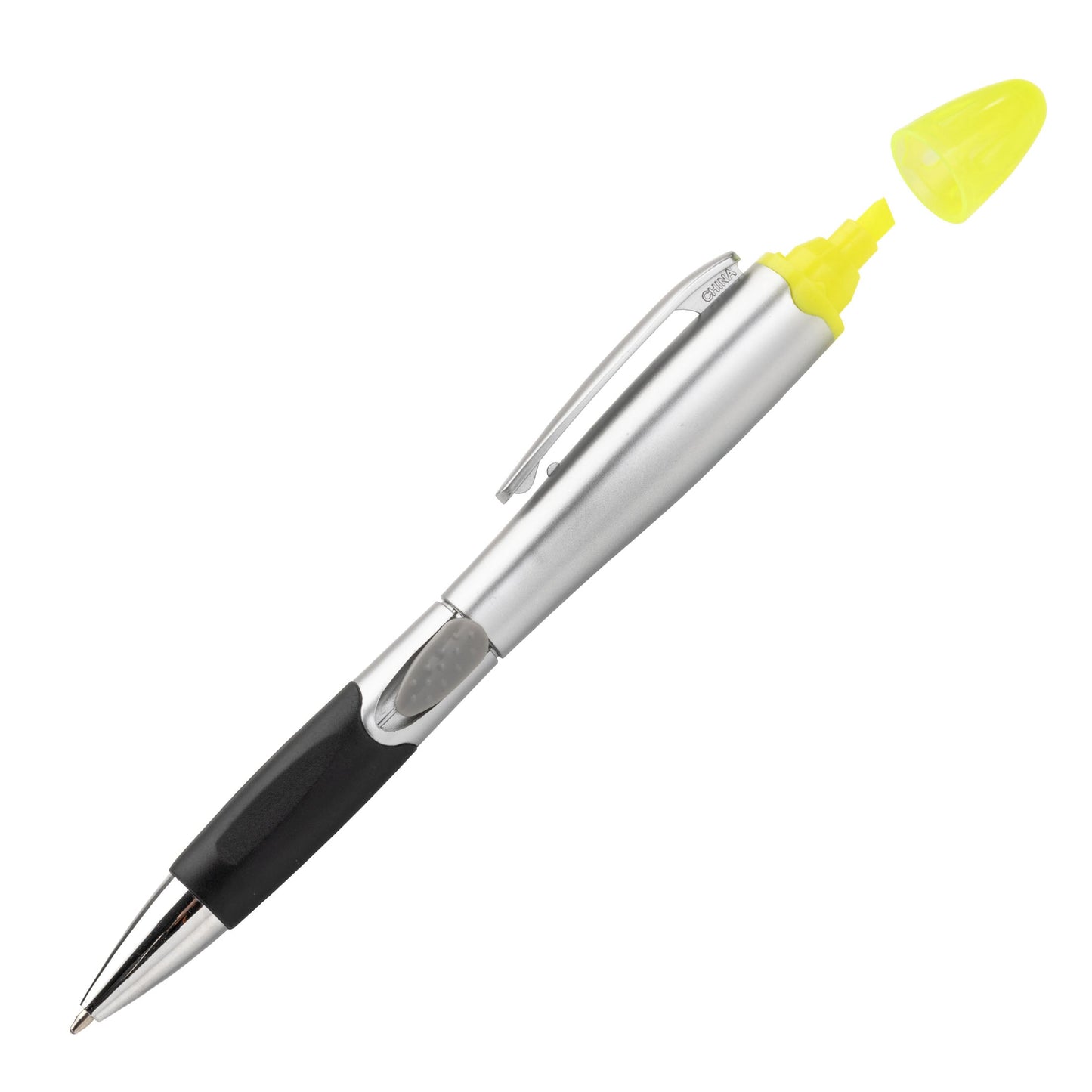 Dual-function silver pen with black grip and exposed yellow highlighter tip, shown with cap removed.