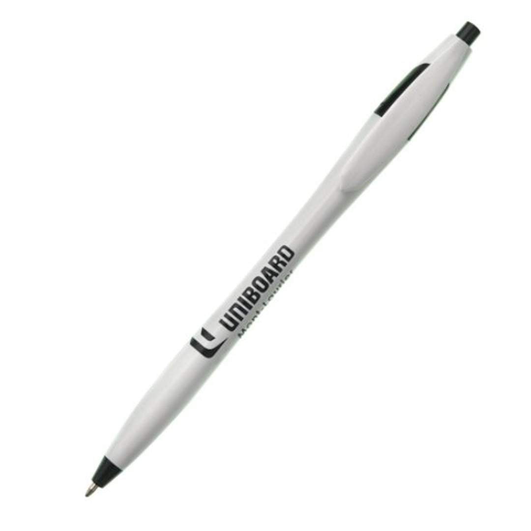 White retractable ballpoint pen with black accents and a logo printed in black on the barrel.