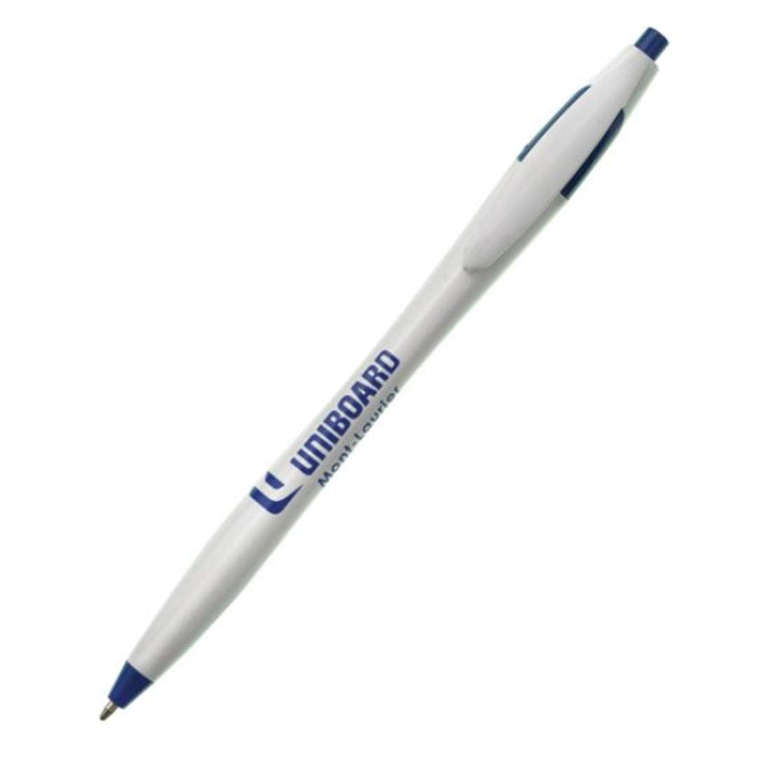 White retractable ballpoint pen with blue accents and a logo printed in blue on the barrel.