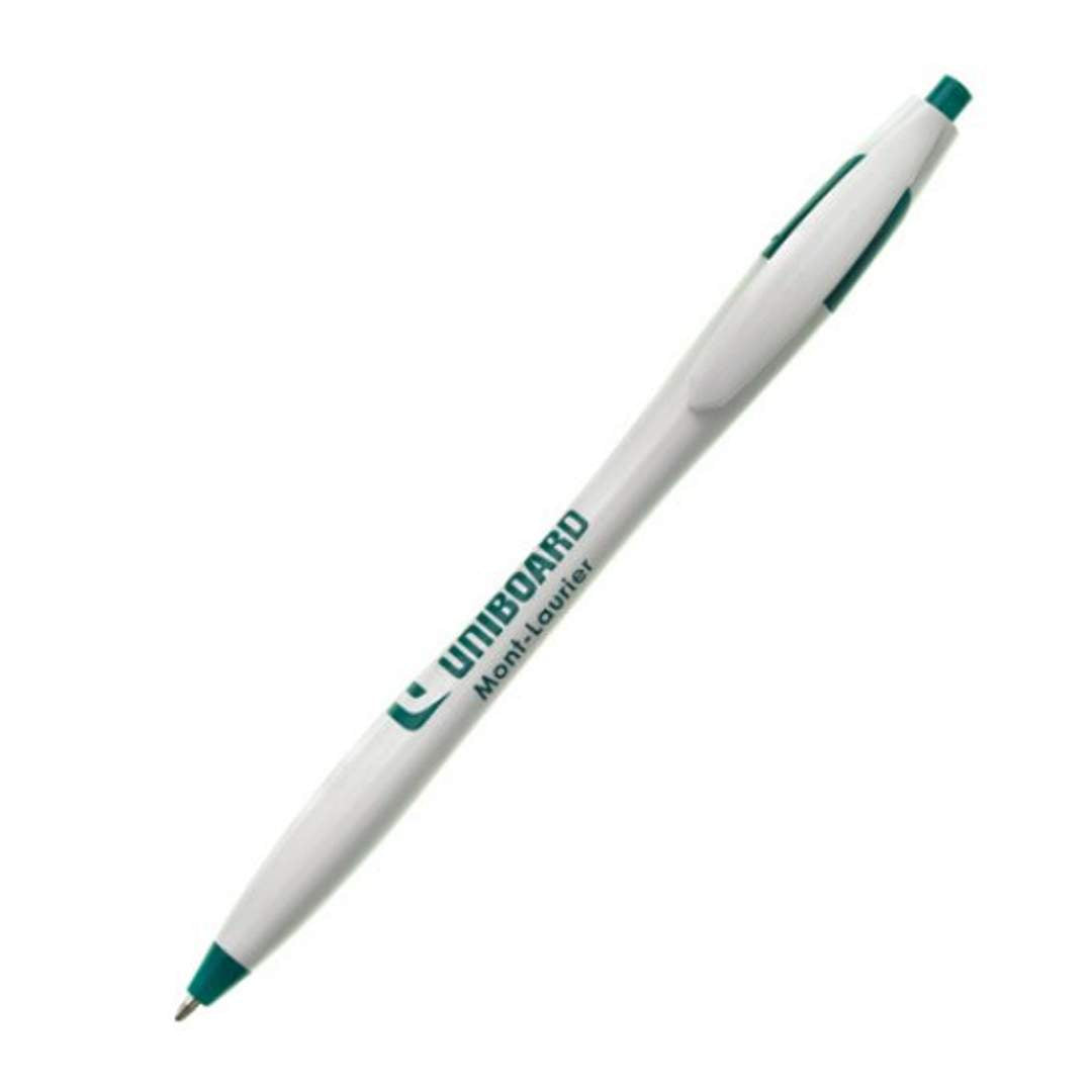 White retractable ballpoint pen with green accents and a logo printed in green on the barrel.