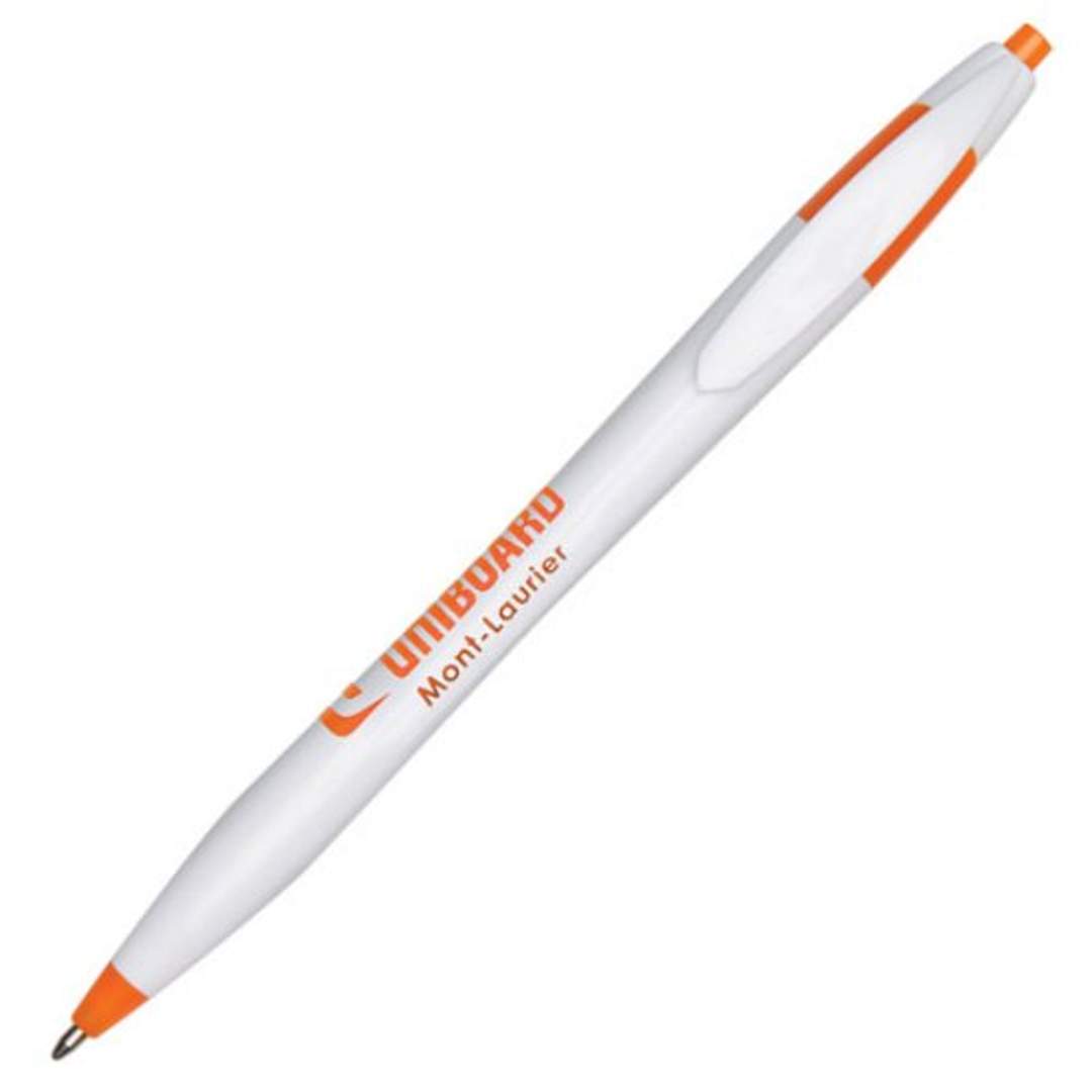 White retractable ballpoint pen with orange accents and a logo printed in orange on the barrel.