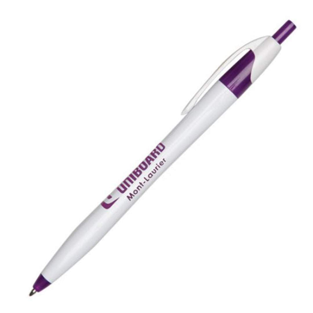 White retractable ballpoint pen with purple accents and a logo printed in purple on the barrel.