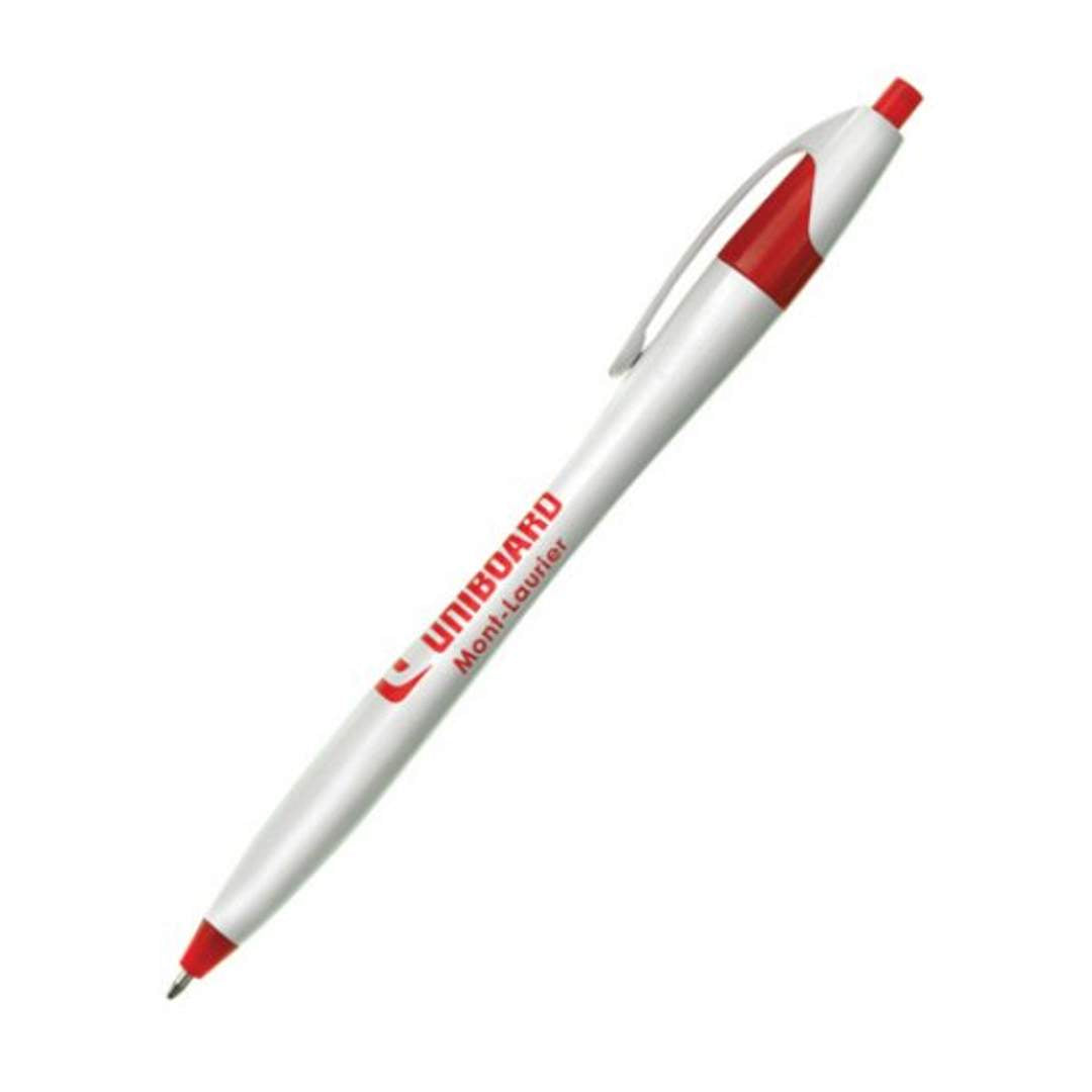 White retractable ballpoint pen with red accents and a logo printed in red on the barrel.