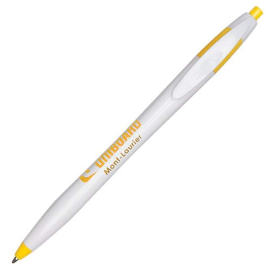 White retractable ballpoint pen with yellow accents and a logo printed in yellow on the barrel.