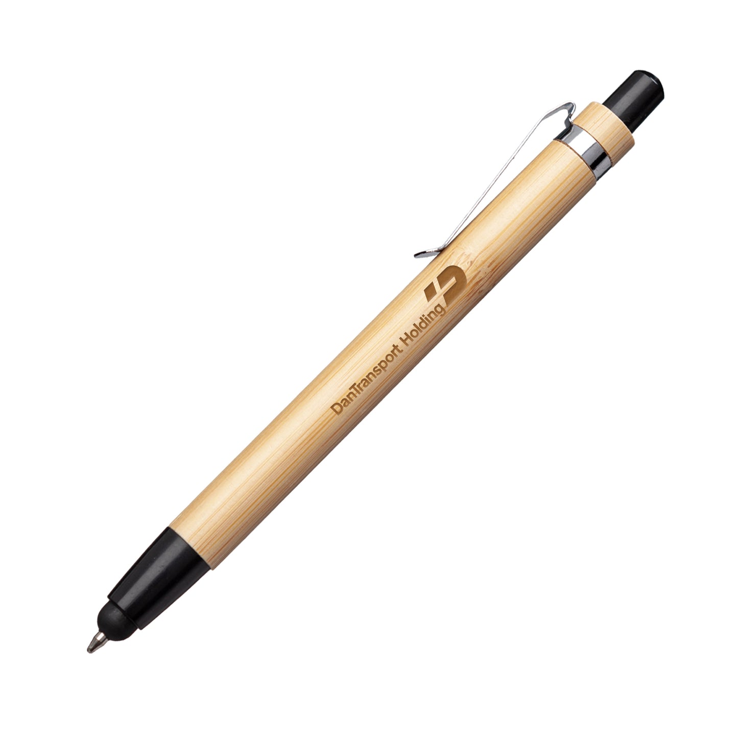 Twain bamboo pen with black rubber accents and a black stylus tip, featuring a silver clip and "DanTransport Holding" logo printed in black on the barrel.