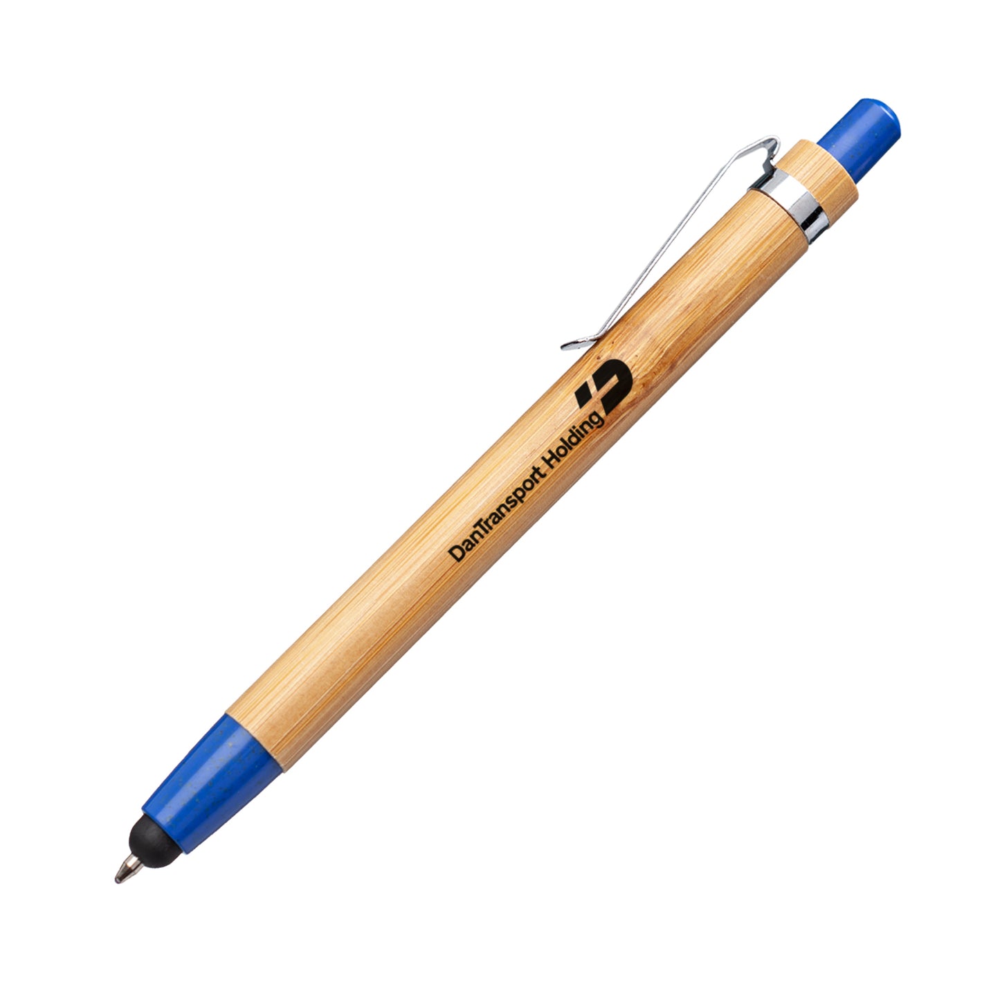 Twain bamboo pen with blue rubber accents and a black stylus tip, featuring a silver clip and "DanTransport Holding" logo printed in black on the barrel.