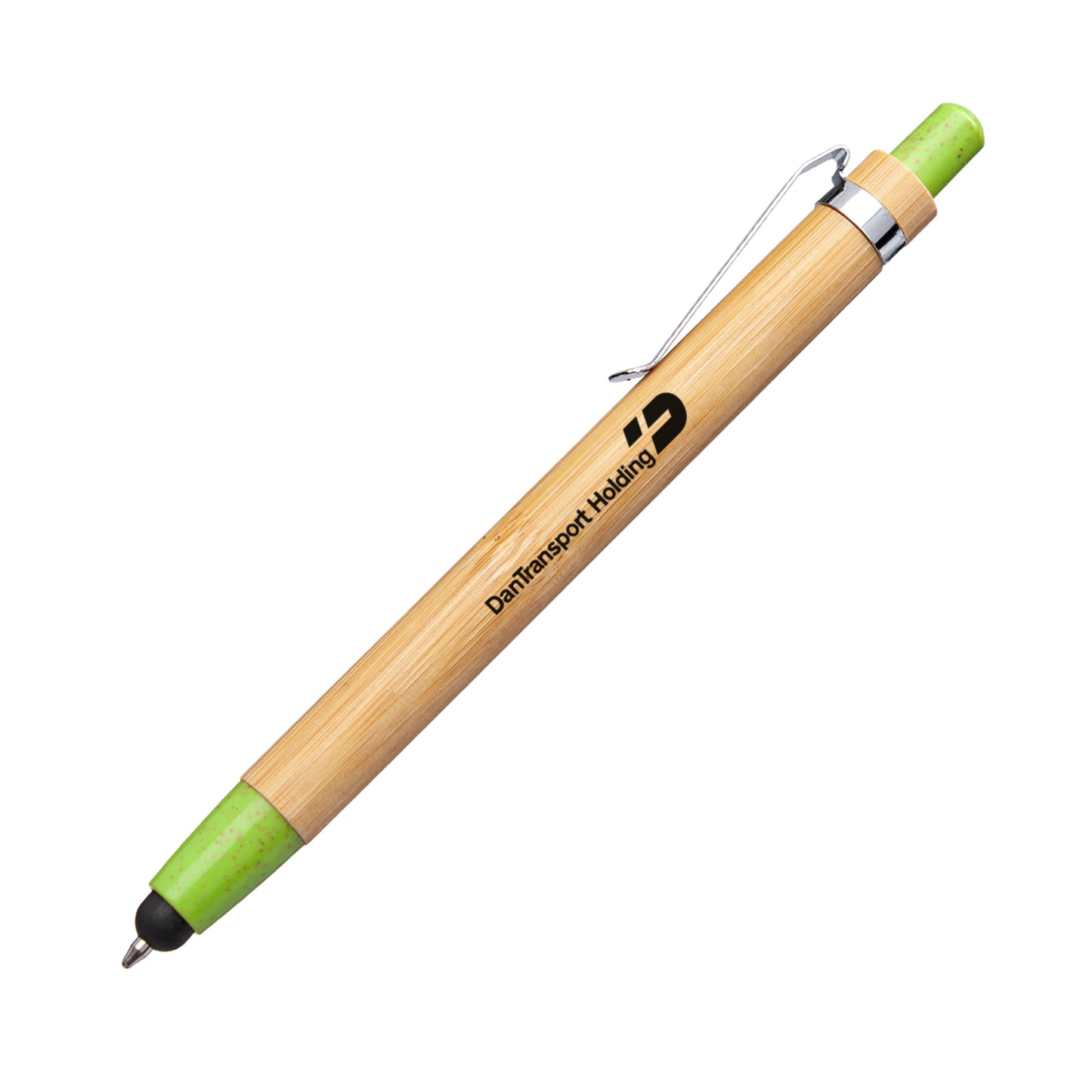 Twain bamboo pen with green rubber accents and a black stylus tip, featuring a silver clip and "DanTransport Holding" logo printed in black on the barrel.