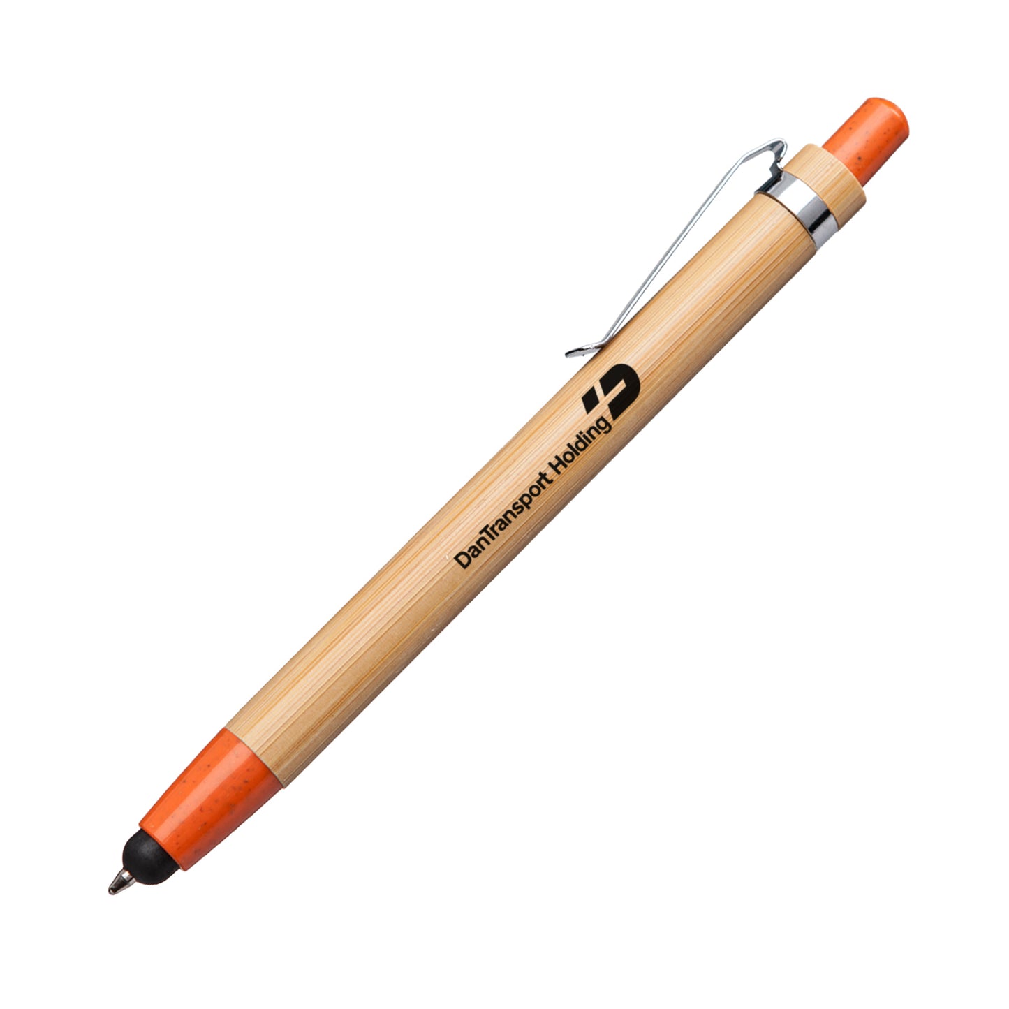 Twain bamboo pen with orange rubber accents and a black stylus tip, featuring a silver clip and "DanTransport Holding" logo printed in black on the barrel.