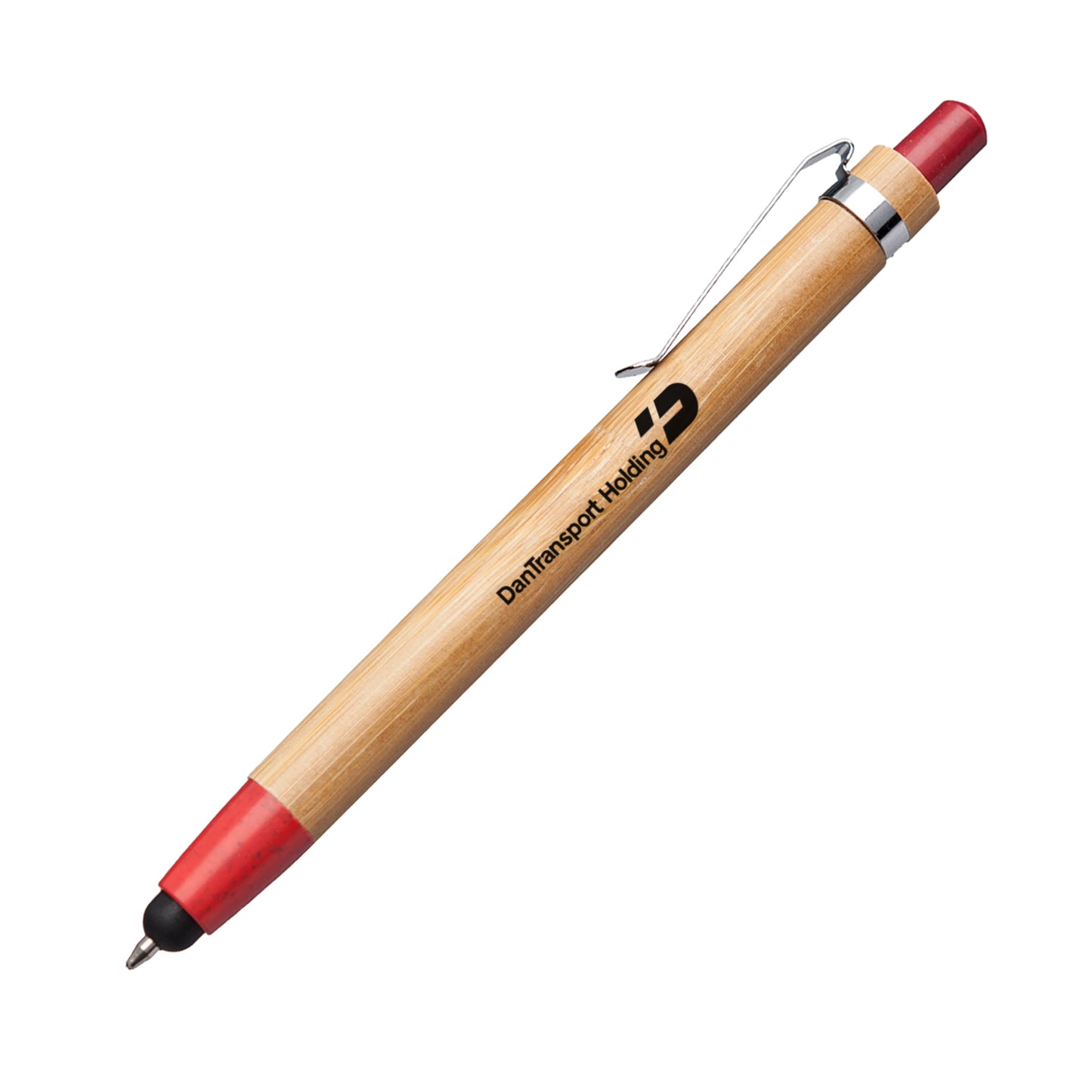 Twain bamboo pen with red rubber accents and a black stylus tip, featuring a silver clip and "DanTransport Holding" logo printed in black on the barrel.