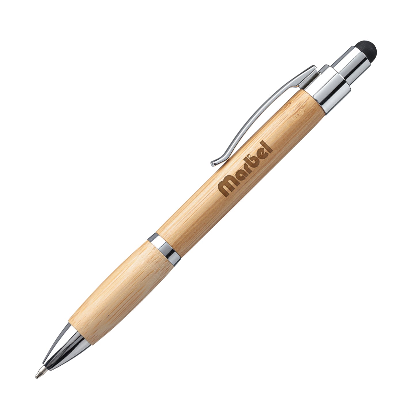 Angled view of a bamboo pen with chrome accents and a black stylus tip, featuring a laser engraved "Marbel" logo on the barrel.