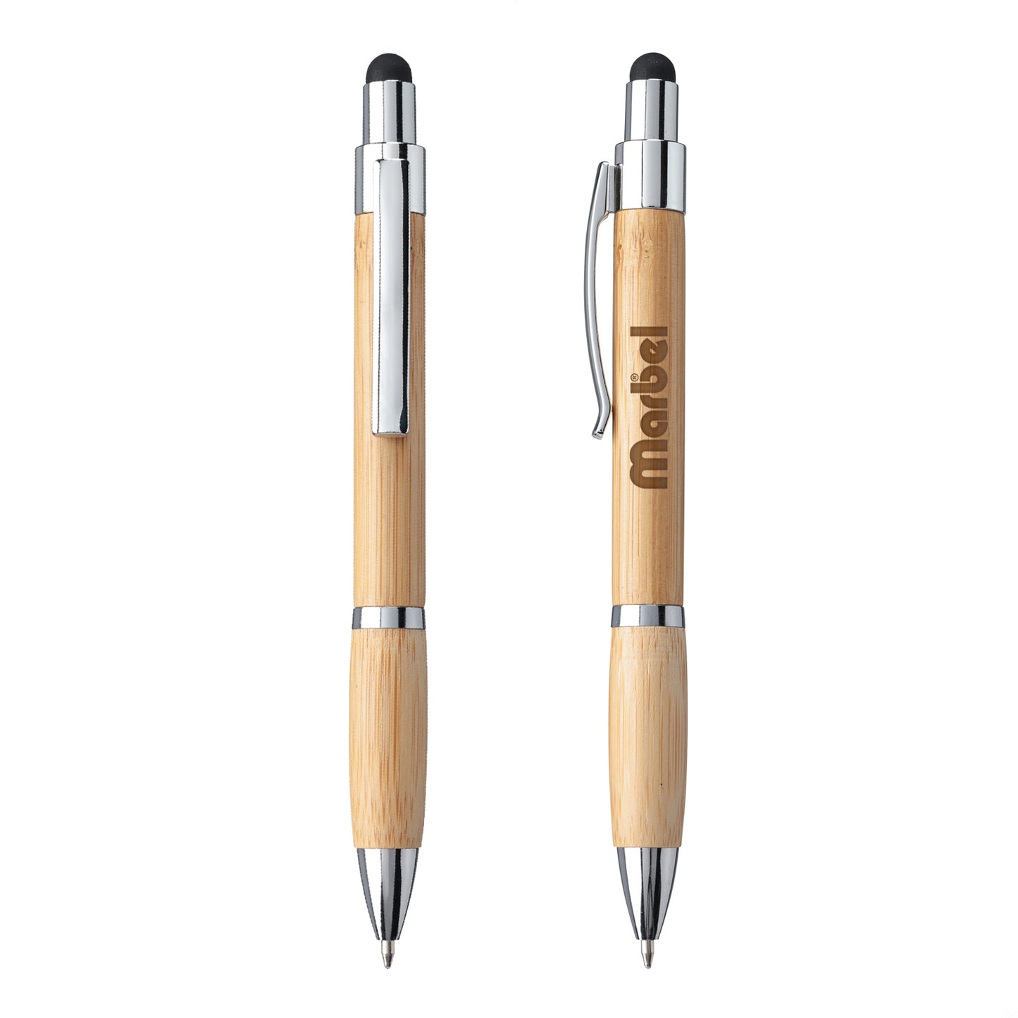 Eco-friendly bamboo pen with chrome accents and black stylus tip, shown front and back. The back view features a laser engraved “Marbel” logo on the barrel.