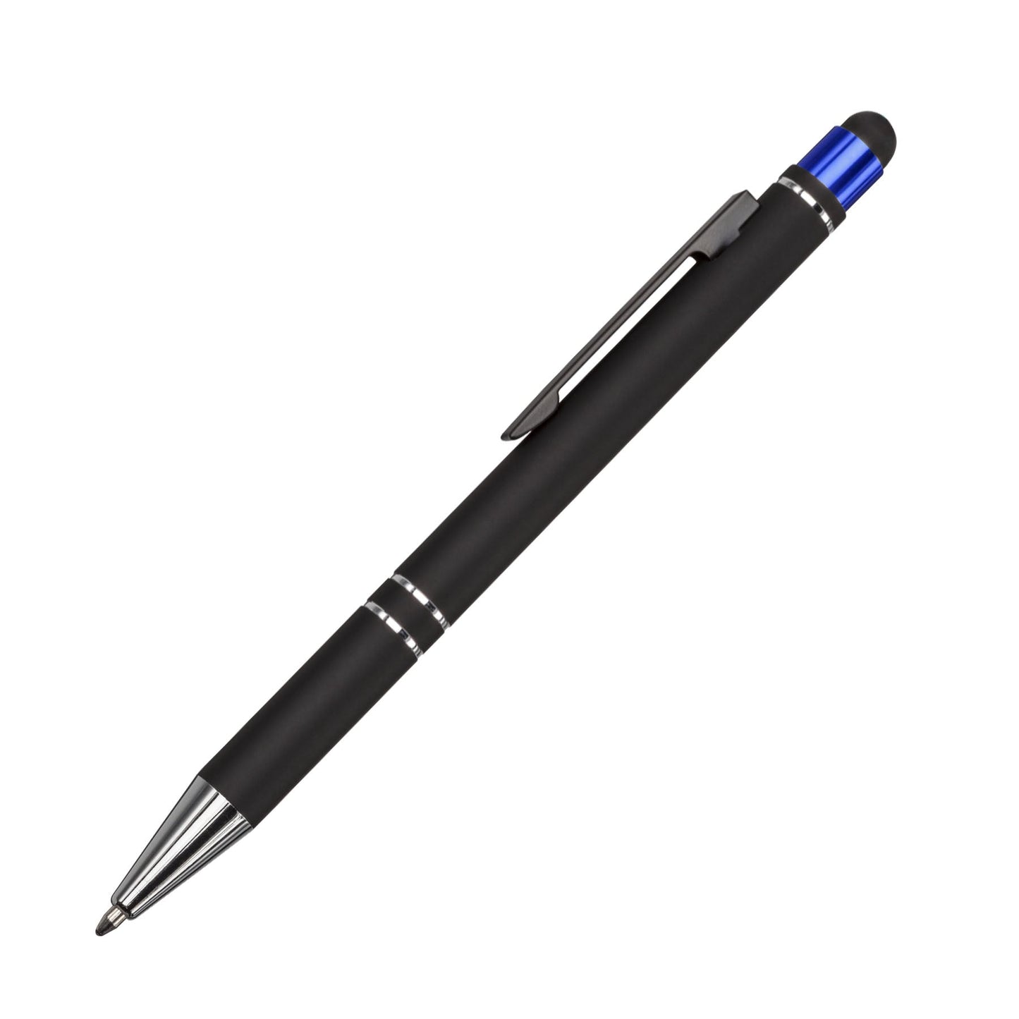 Black stylus pen with chrome accents and a blue metallic top, featuring a sleek clip and twist-action mechanism.