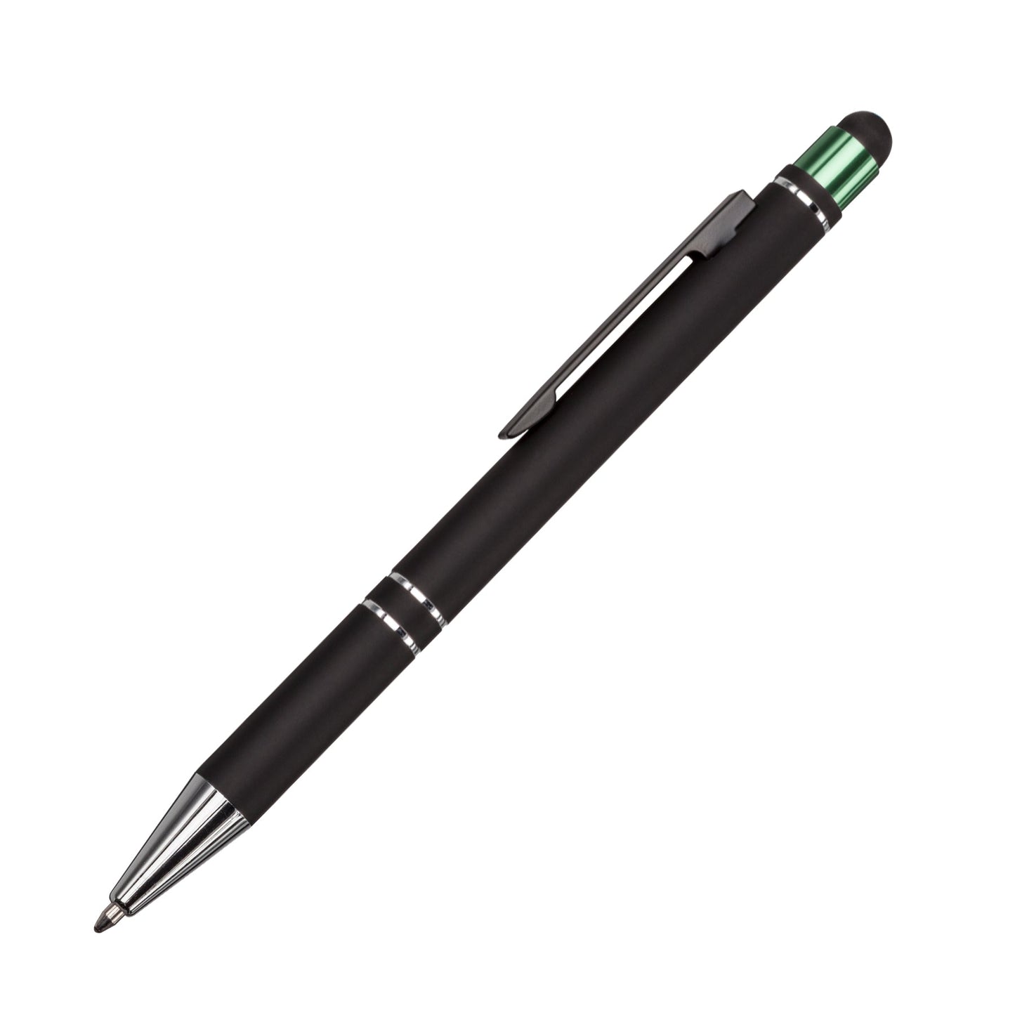 Black stylus pen with chrome accents and a green metallic top, featuring a sleek clip and twist-action mechanism.