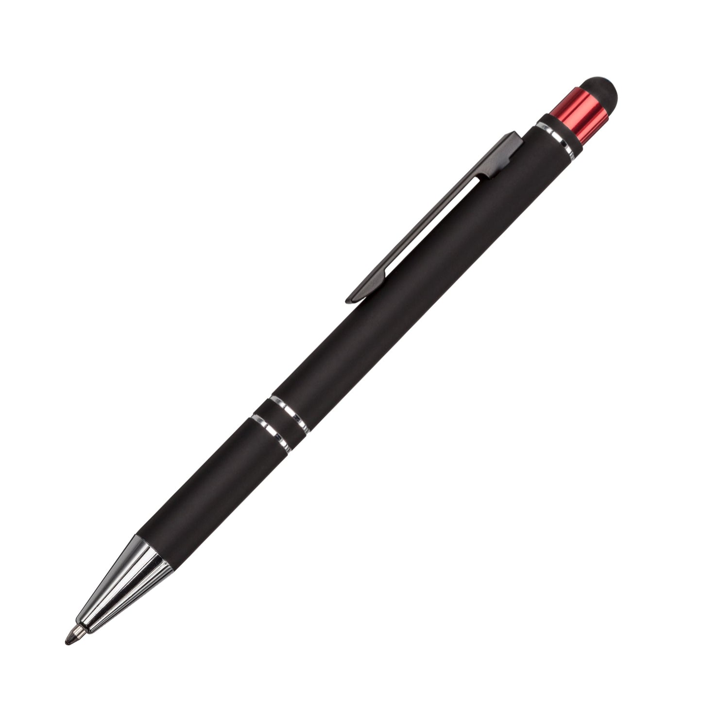 Black stylus pen with chrome accents and a red metallic top, featuring a sleek clip and twist-action mechanism.