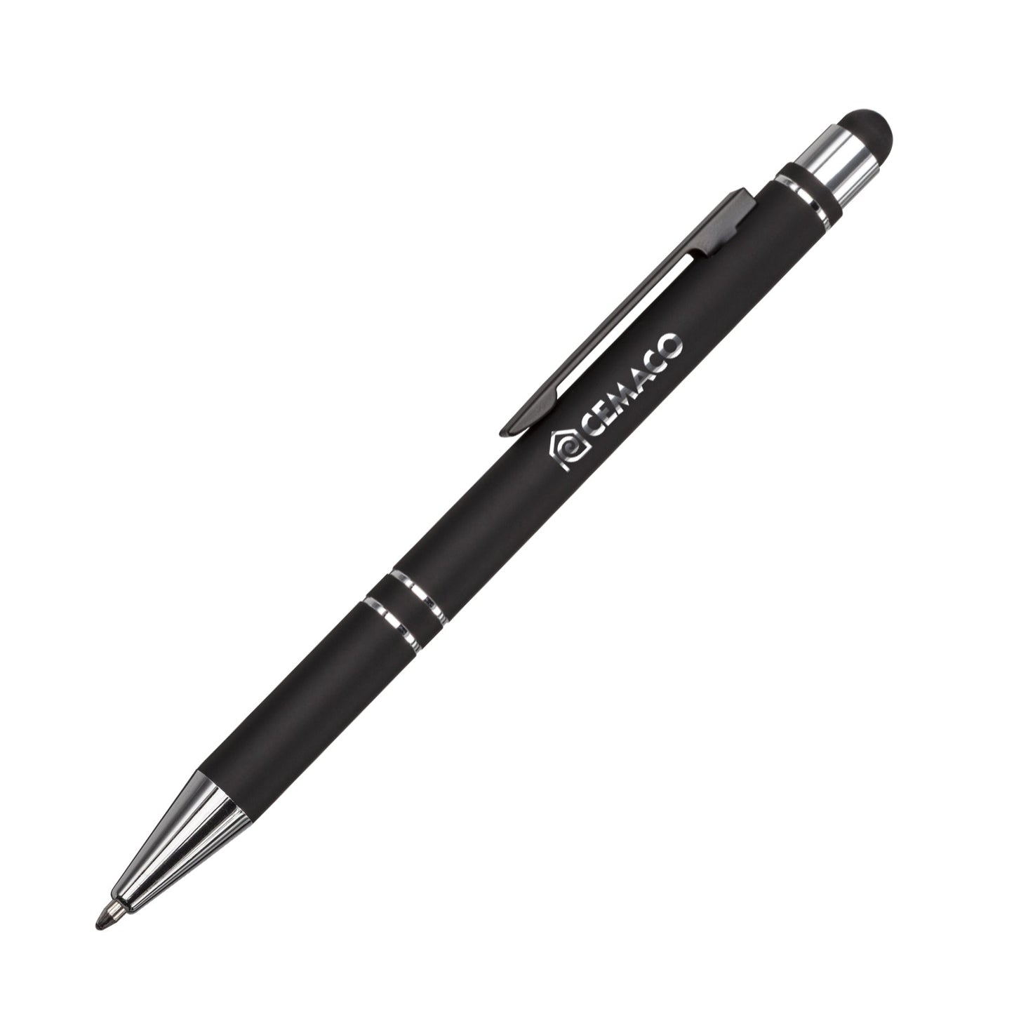 Black stylus pen with chrome accents and a clip, featuring a logo printed on the barrel.