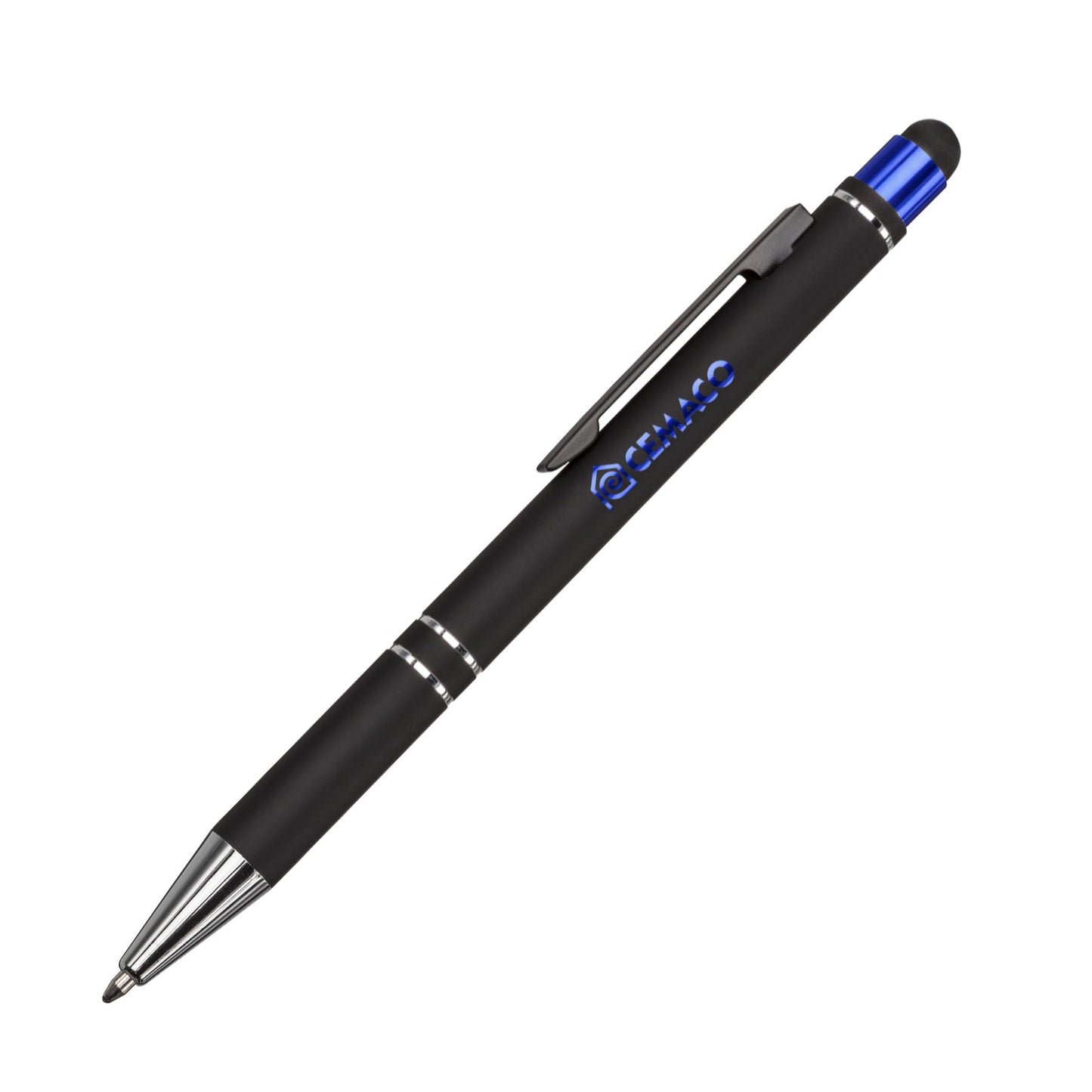 Black stylus pen with chrome accents and a blue metallic top, featuring a sleek clip and twist-action mechanism.