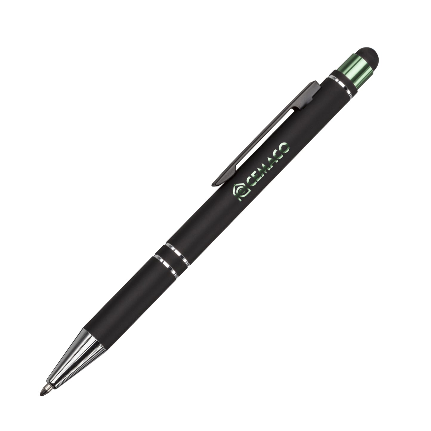 Black stylus pen with chrome accents and a green metallic top, featuring a sleek clip and twist-action mechanism.
