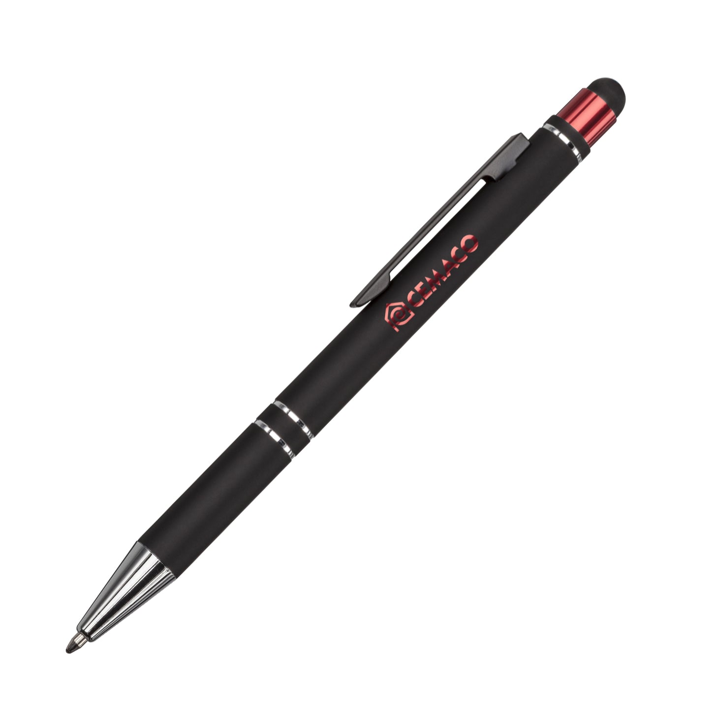 Black stylus pen with chrome accents and a red metallic top, featuring a sleek clip and twist-action mechanism.