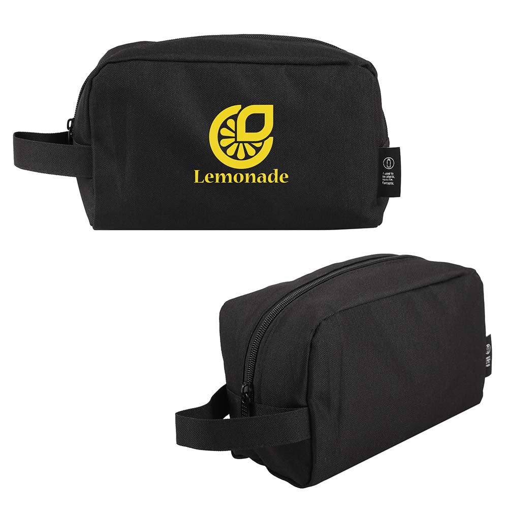 Front and back views of black toiletry bag with yellow Lemonade logo – featuring side handle and zippered closure