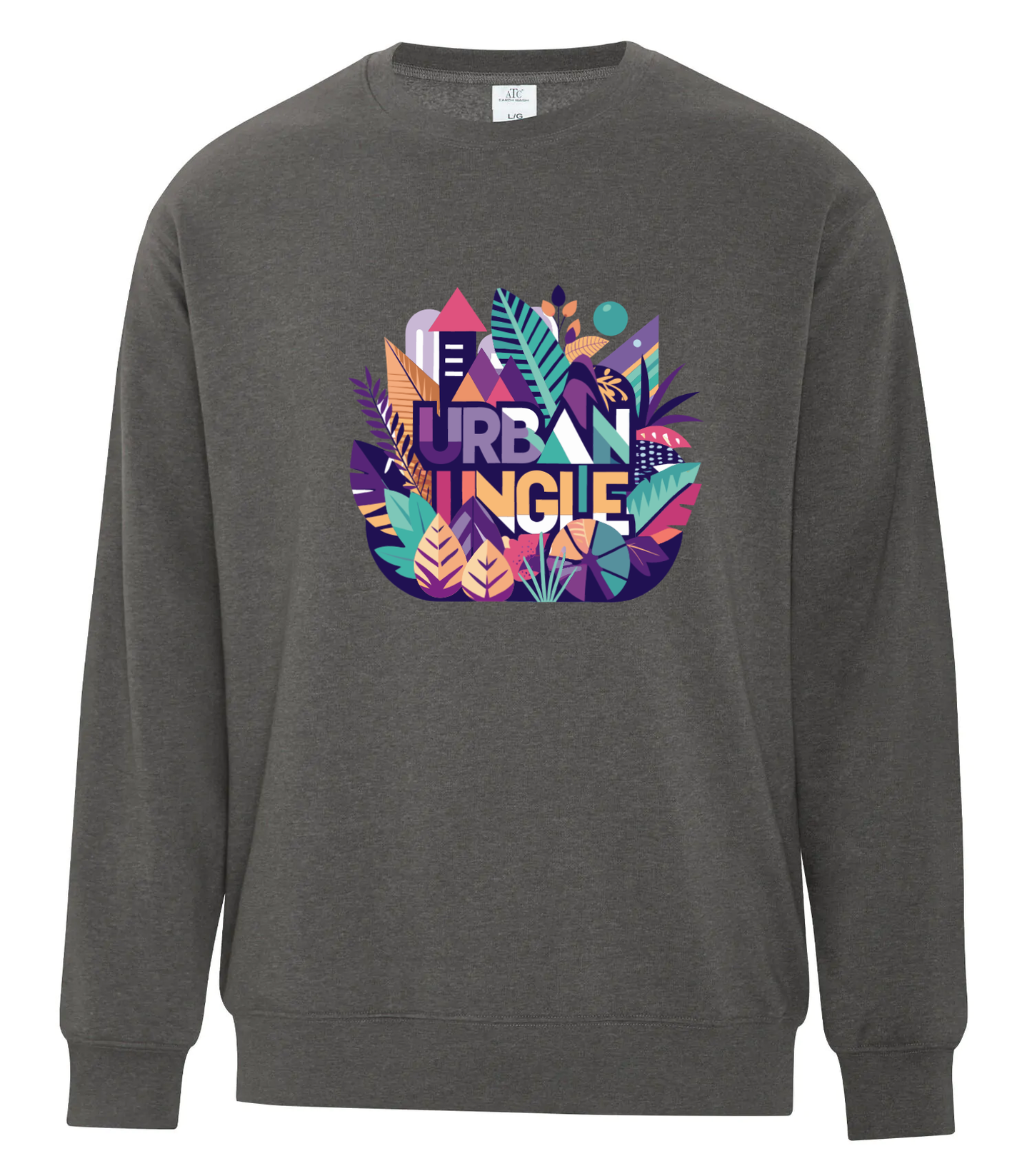Charcoal grey crewneck sweatshirt with a colorful 'Urban Jungle' graphic on the chest, featuring stylized leaves, geometric shapes, and cityscape elements in vibrant shades of purple, orange, teal, and pink.