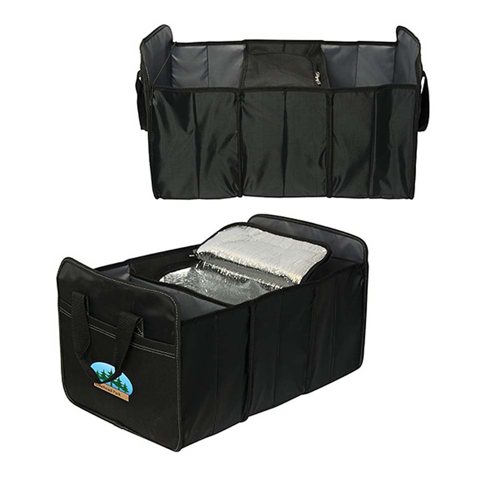 Black trunk organizer with multiple compartments, one featuring a silver insulated cooler section and carry handles.