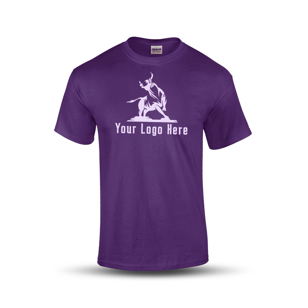 Purple short-sleeve t-shirt with a bold martial arts figure logo and customizable "Your Logo Here" text on the front.